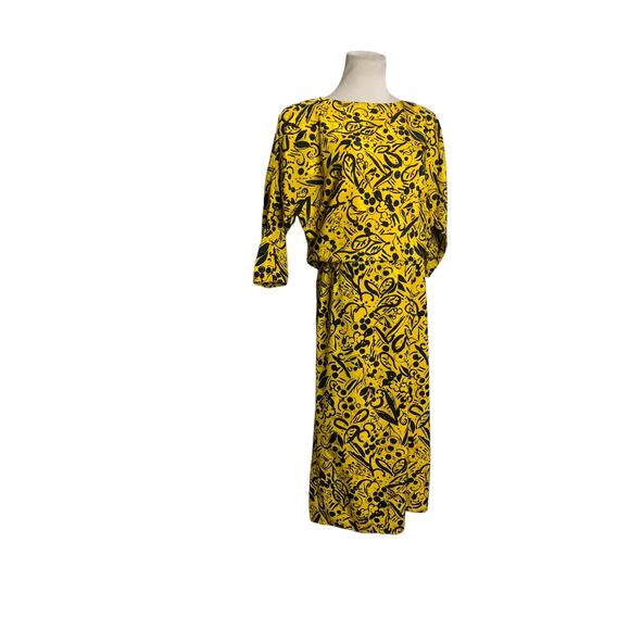 Charles Bianco vintage yellow floral short dolman sleeves midi dress size 8 - Picture 11 of 11